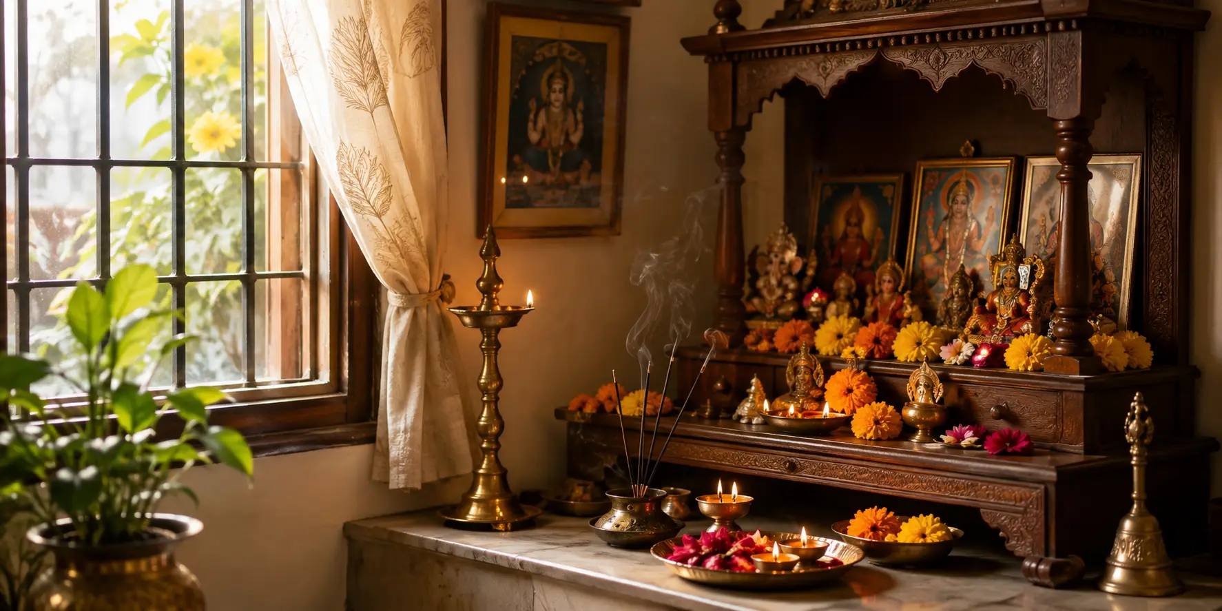 A peaceful pooja room in the northeast zone of the home