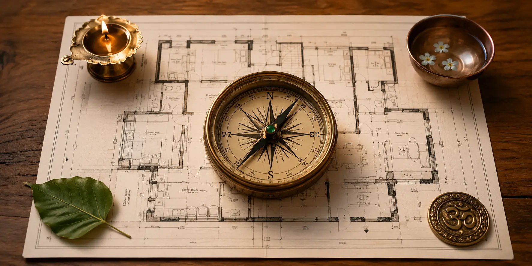 Vastu Shastra eight-direction wheel showing the five elements and their zones